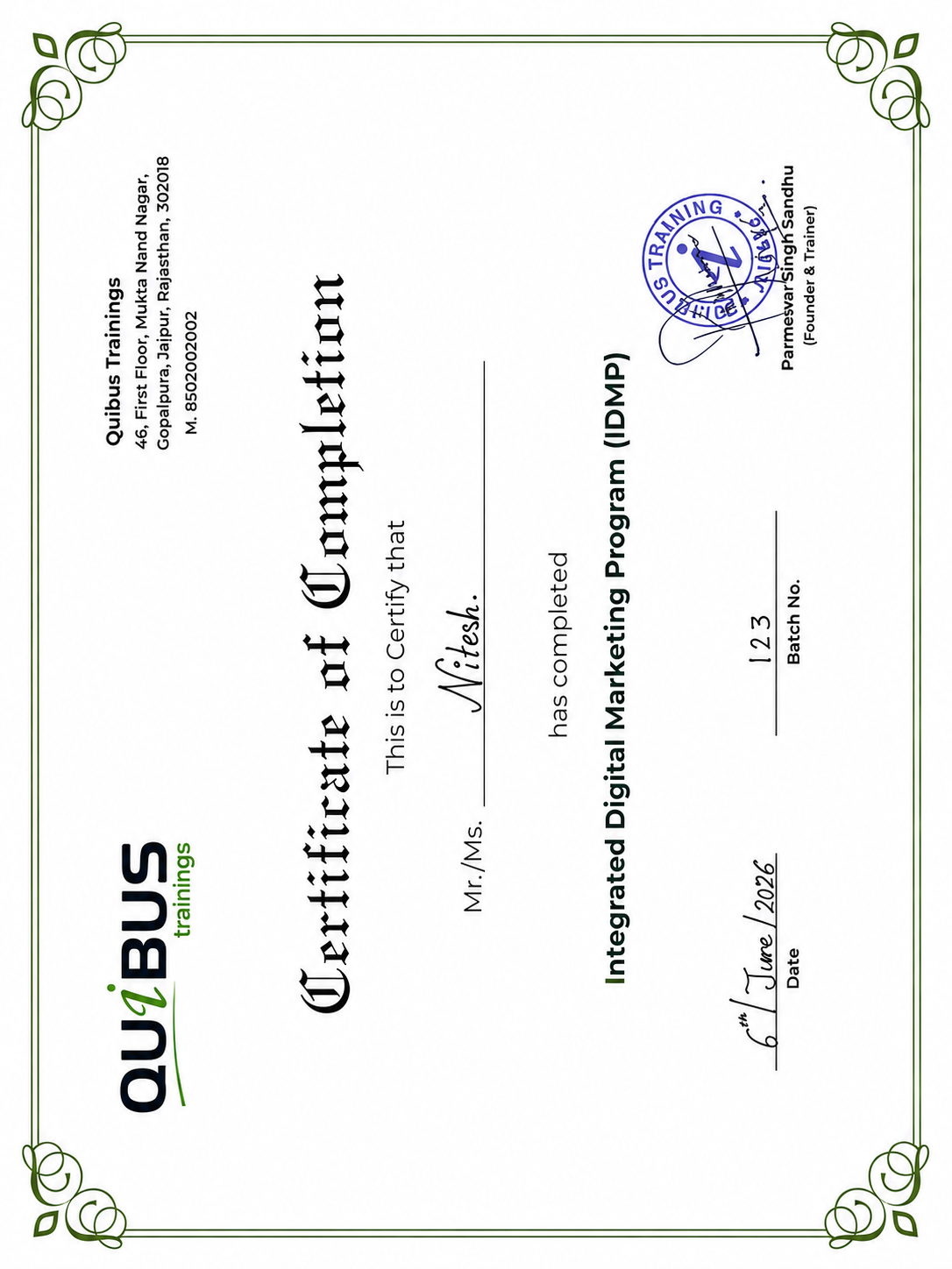 Quibus Trainings IDMP certificate
